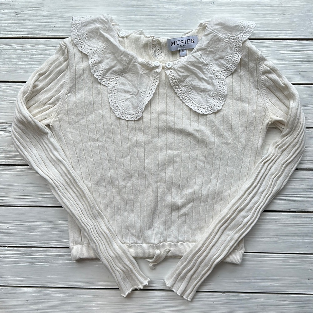 Musier Paris Long Sleeve Crop Top Eyelet Collar Ivory sz M